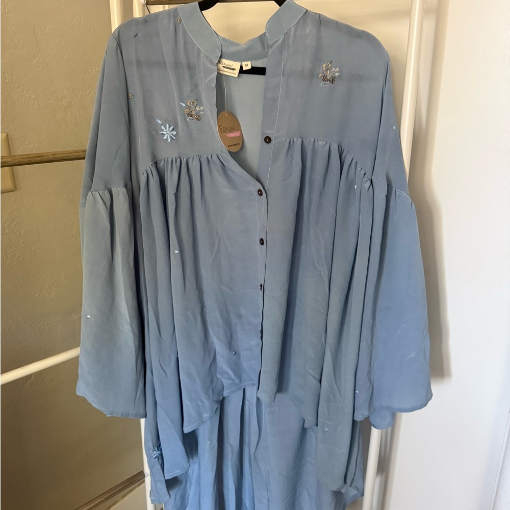 Light Blue Embroidered Button-Up Blouse